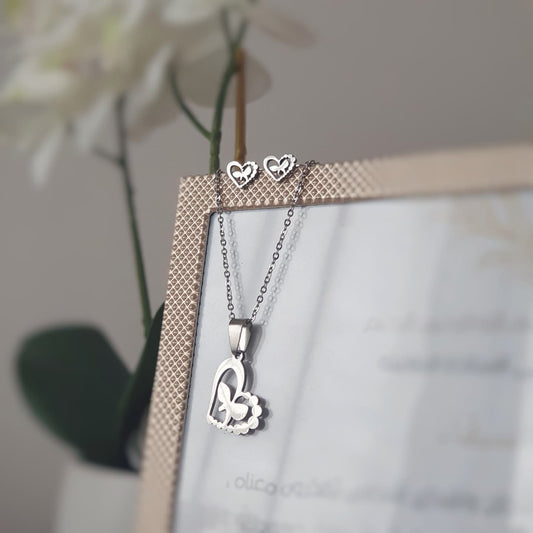 Vlinderhart Set Sieraden - Roestvrijstalen Set Zilver